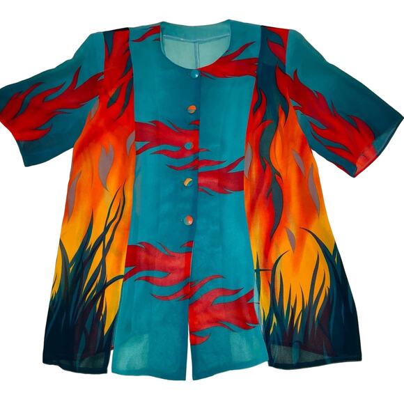 Moda Estella Sheer Teal Abstract Flame Pattern Short Sleeve Top with Buttons - Picture 1 of 14